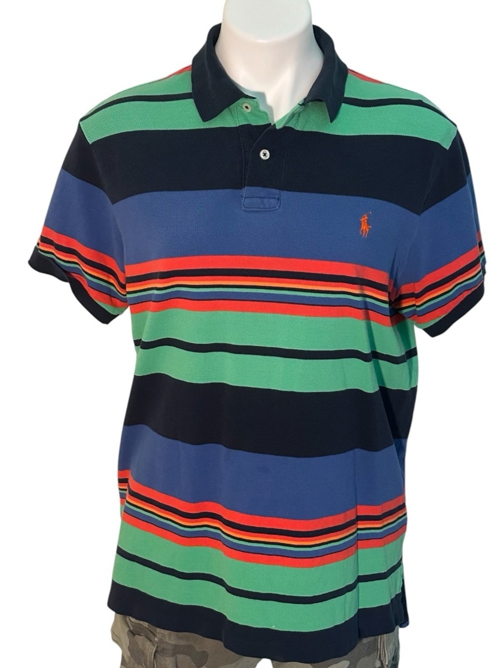 Polo Ralph Lauren Navy, Green & Blue Striped Polo with Red Accent (L).